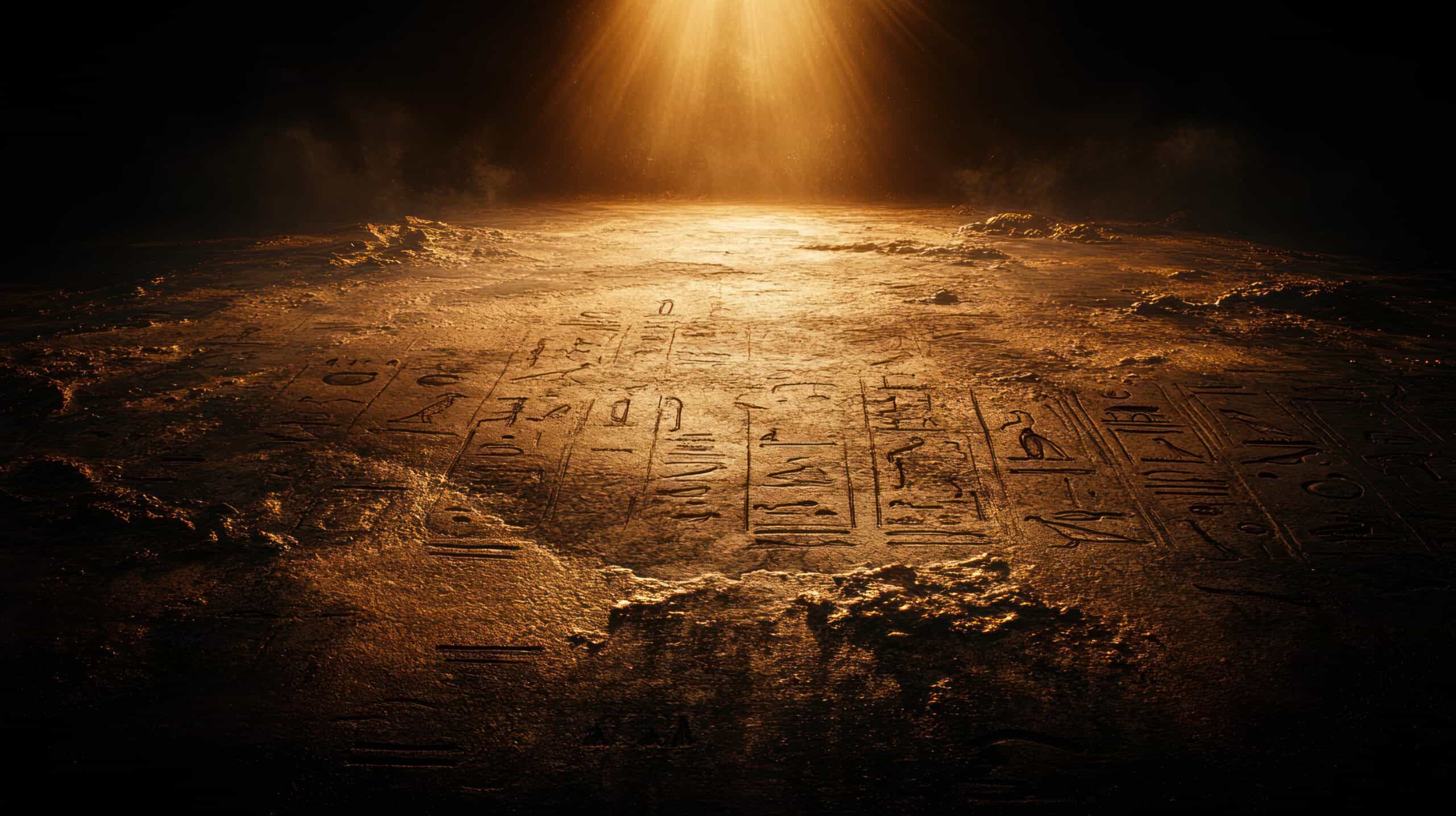 Ancient hieroglyphs etched into a golden desert surface, illuminated by a spotlight from above. Escape room game coming soon to Powys.