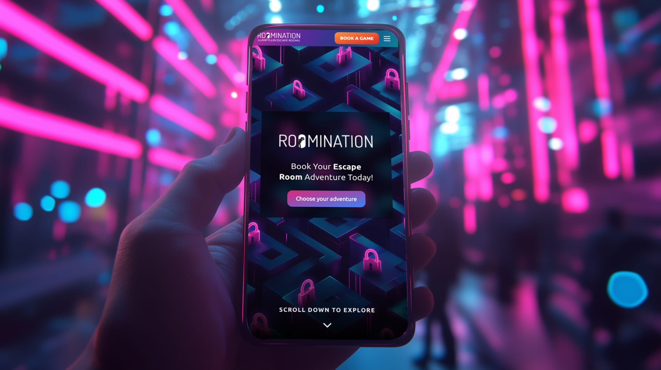 Someone holding a mobile phone with an escape room website and booking system displayed